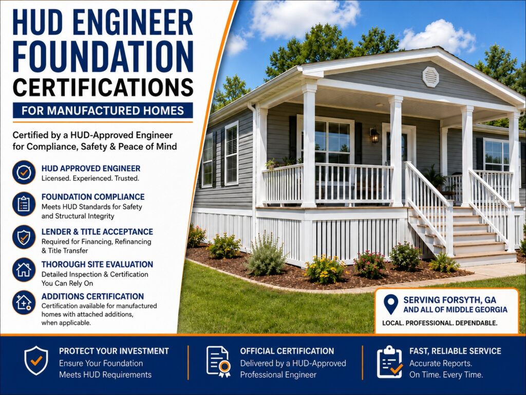 HUD engineer foundation certification flyer for manufactured homes serving Forsyth GA 31029 and Middle Georgia.