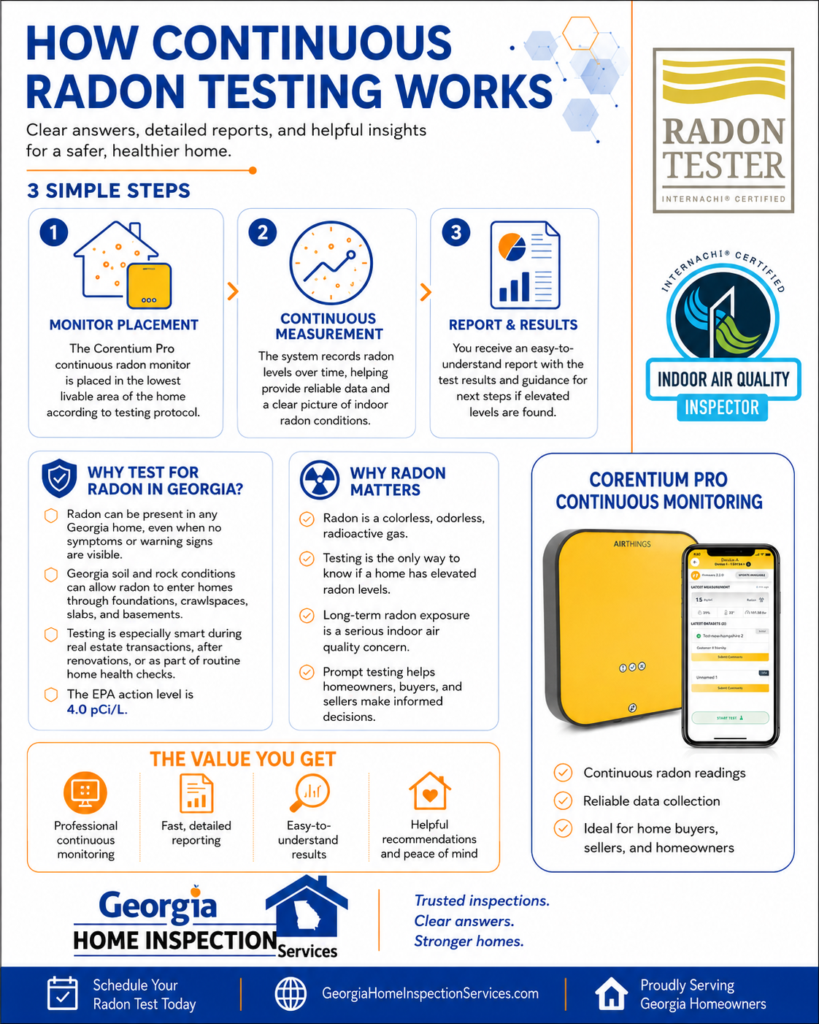 Continuous radon testing services in Middle Georgia using the Corentium Pro radon monitor to help identify elevated radon levels in homes.