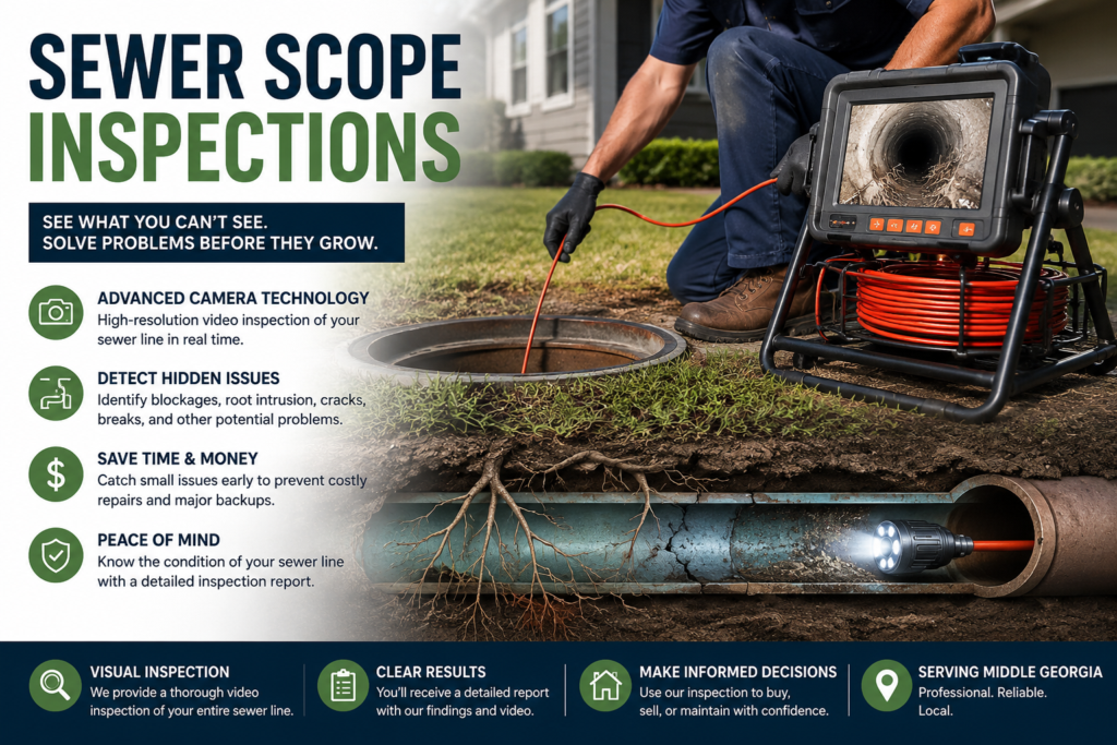 Sewer scope inspection services in Middle Georgia using camera technology to inspect underground sewer lines for blockages, root intrusion, cracks, and drainage issues.