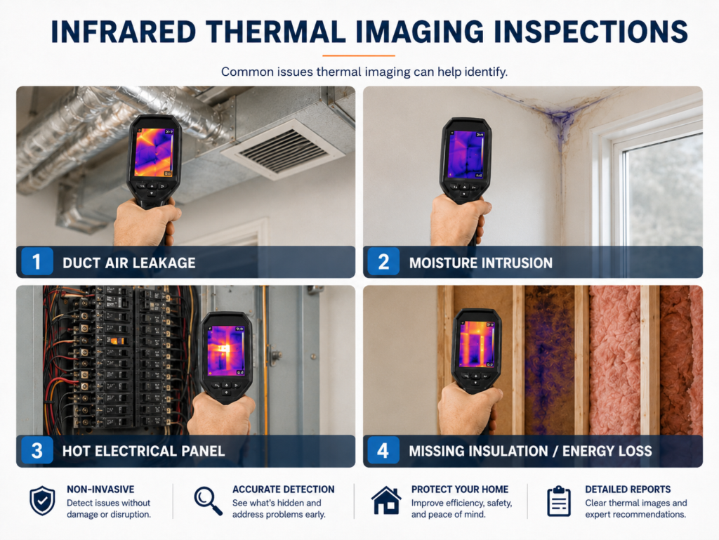 Infrared thermal imaging inspection services in Middle Georgia using a FLIR thermal camera to help identify moisture intrusion, duct air leakage, hot electrical panels, and missing insulation.